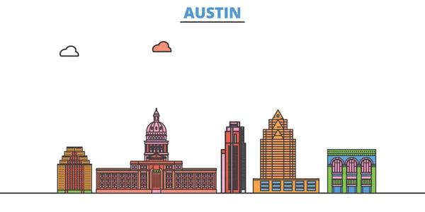 États-Unis, Austin ligne paysage urbain, vecteur plat. Voyage ville point de repère, oultine illustration, ligne icônes du monde — Image vectorielle