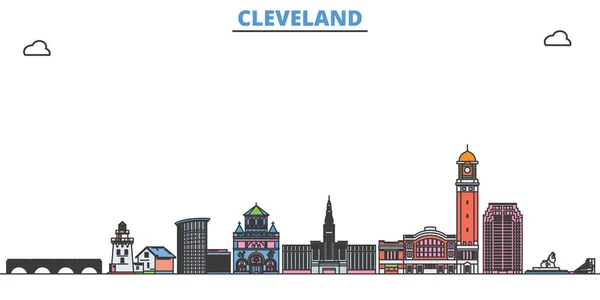 Verenigde Staten, Cleveland Line stadsgezicht, vlakke vector. Bezienswaardigheid, illustratie oultine, line world icons — Stockvector