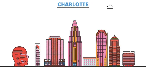 Estados Unidos, paisaje urbano de la línea Charlotte, vector plano. Monumento de la ciudad de viajes, ilustración de oultine, iconos del mundo de línea — Vector de stock