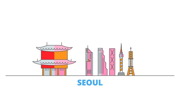 Corea del Sur, paisaje urbano de Seúl, vector plano. Monumento de la ciudad de viajes, ilustración de oultine, iconos del mundo de línea — Vector de stock