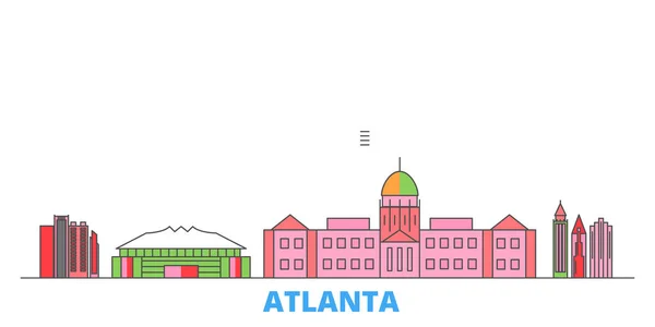 Estados Unidos, Atlanta paisaje urbano, vector plano. Monumento de la ciudad de viajes, ilustración de oultine, iconos del mundo de línea — Vector de stock