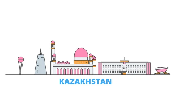 Kazajstán paisaje urbano de línea, vector plano. Monumento de la ciudad de viajes, ilustración de oultine, iconos del mundo de línea — Vector de stock