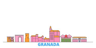 İspanya, Granada hattı şehir manzarası, düz vektör. Seyahat şehri simgesi, oultine illüstrasyonu, çizgi dünyası simgeleri