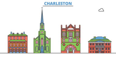 Birleşik Devletler, Charleston hattı şehir manzarası, düz vektör. Seyahat şehri simgesi, oultine illüstrasyonu, çizgi dünyası simgeleri