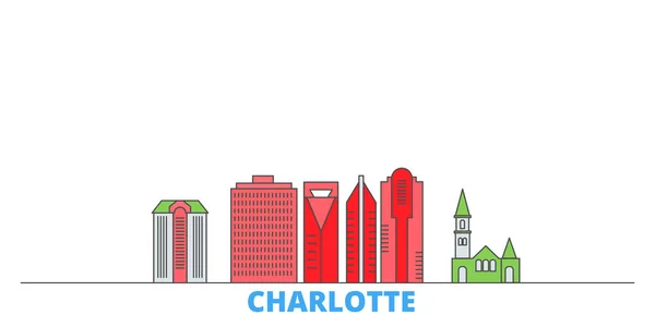 Соединенные Штаты, Шарлотта линия городской пейзаж, плоский вектор. Ориентир города путешествий, ультина иллюстрации, линии мировых икон — стоковый вектор