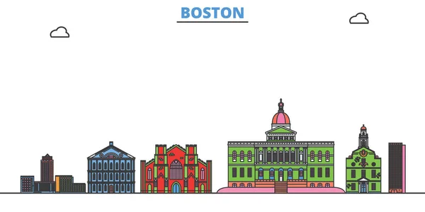 Estados Unidos, paisaje urbano de la línea Boston, vector plano. Monumento de la ciudad de viajes, ilustración de oultine, iconos del mundo de línea — Vector de stock