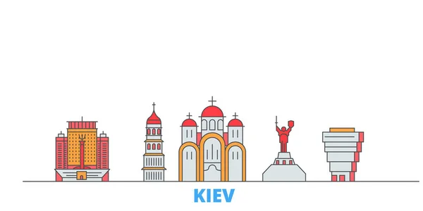 Ucrania, Kiev paisaje urbano de línea, vector plano. Monumento de la ciudad de viajes, ilustración de oultine, iconos del mundo de línea — Vector de stock