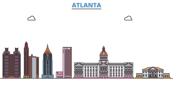 Estados Unidos, Atlanta paisaje urbano, vector plano. Monumento de la ciudad de viajes, ilustración de oultine, iconos del mundo de línea — Vector de stock