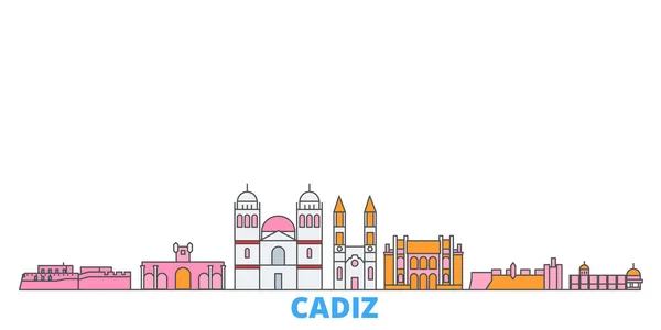Ισπανία, Cadiz γραμμή αστικό τοπίο, επίπεδη διάνυσμα. Ταξίδι πόλη ορόσημο, oultine εικονογράφηση, παγκόσμια εικονίδια γραμμή — Διανυσματικό Αρχείο
