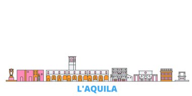 İtalya, Laquila hattı şehir manzarası, düz vektör. Seyahat şehri simgesi, oultine illüstrasyonu, çizgi dünyası simgeleri