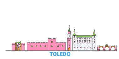 İspanya, Toledo hattı şehir manzarası, düz vektör. Seyahat şehri simgesi, oultine illüstrasyonu, çizgi dünyası simgeleri
