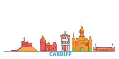 Birleşik Krallık, Cardiff hattı şehir manzarası, düz vektör. Seyahat şehri simgesi, oultine illüstrasyonu, çizgi dünyası simgeleri