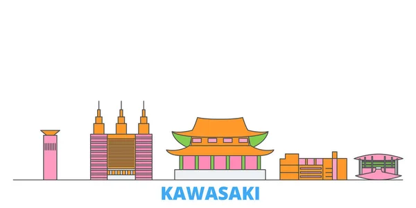 Japón, paisaje urbano de la línea Kawasaki, vector plano. Monumento de la ciudad de viajes, ilustración de oultine, iconos del mundo de línea — Vector de stock