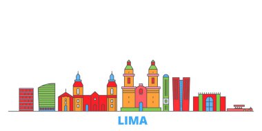 Peru, Lima hattı şehir manzarası, düz vektör. Seyahat şehri simgesi, oultine illüstrasyonu, çizgi dünyası simgeleri