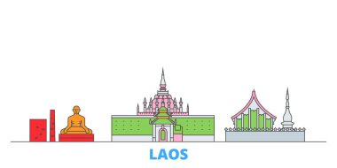 Laos çizgisi şehir manzarası, düz vektör. Seyahat şehri simgesi, oultine illüstrasyonu, çizgi dünyası simgeleri