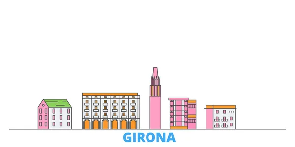 España, Girona paisaje urbano, vector plano. Monumento de la ciudad de viajes, ilustración de oultine, iconos del mundo de línea — Vector de stock