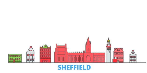 Birleşik Krallık, Sheffield Hattı şehir merkezi, düz vektör. Seyahat şehri simgesi, oultine illüstrasyonu, çizgi dünyası simgeleri — Stok Vektör