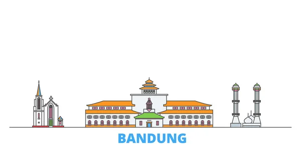Indonesia, Bandung line cityscape, vektor datar. Kota wisata landmark, oultine ilustrasi, line ikon dunia - Stok Vektor