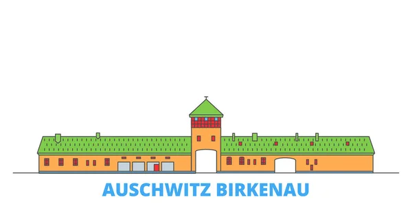 Pologne, Auschwitz Birkenau ligne paysage urbain, vecteur plat. Voyage ville point de repère, oultine illustration, ligne icônes du monde — Image vectorielle