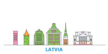 Letonya hattı şehir manzarası, düz vektör. Seyahat şehri simgesi, oultine illüstrasyonu, çizgi dünyası simgeleri