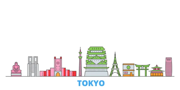 Japón, Tokio paisaje urbano, vector plano. Monumento de la ciudad de viajes, ilustración de oultine, iconos del mundo de línea — Archivo Imágenes Vectoriales