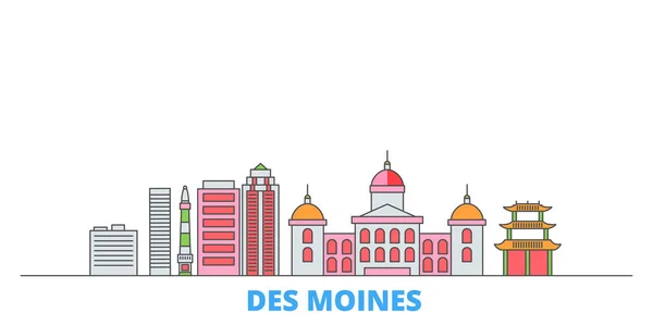 Estados Unidos, paisaje urbano de la línea Des Moines, vector plano. Monumento de la ciudad de viajes, ilustración de oultine, iconos del mundo de línea — Vector de stock