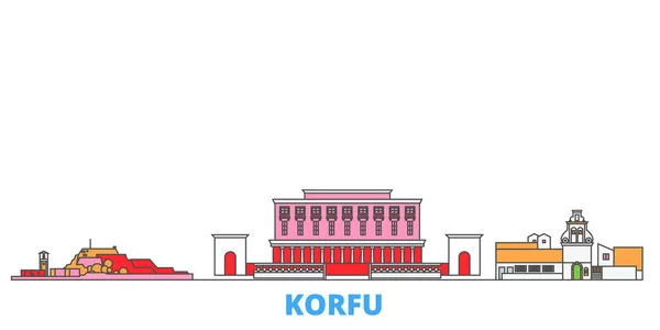 Grecia, paisaje urbano de la línea Korfu, vector plano. Monumento de la ciudad de viajes, ilustración de oultine, iconos del mundo de línea — Vector de stock