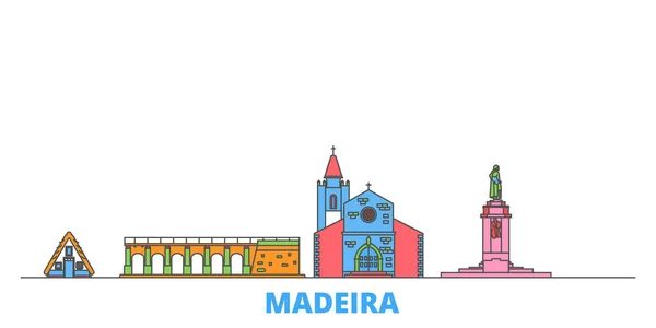 Portugal, paisaje urbano de la línea de Madeira, vector plano. Monumento de la ciudad de viajes, ilustración de oultine, iconos del mundo de línea — Vector de stock