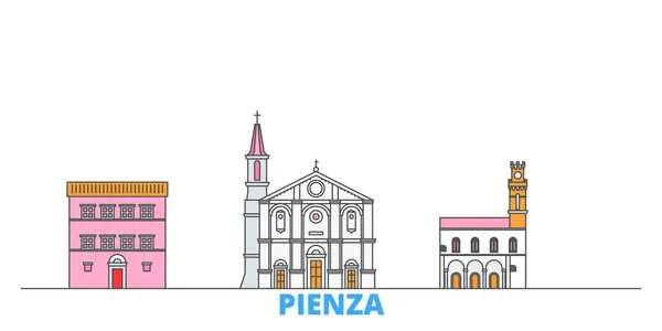 意大利，Pienza线城市景观，平面病媒。旅游城市地标，原木图解，线条世界图标 — 图库矢量图片