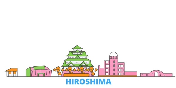 Ιαπωνία, Hiroshima γραμμή αστικό τοπίο, επίπεδη διάνυσμα. Ταξίδι πόλη ορόσημο, oultine εικονογράφηση, παγκόσμια εικονίδια γραμμή — Διανυσματικό Αρχείο
