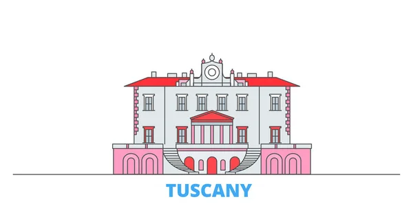 Italia, Toscana, Medici Villas Y Jardines paisaje urbano línea, vector plano. Monumento de la ciudad de viajes, ilustración de oultine, iconos del mundo de línea — Vector de stock