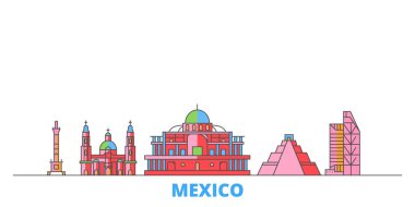 Mexico, Mexico City şehir merkezi, düz vektör. Seyahat şehri simgesi, oultine illüstrasyonu, çizgi dünyası simgeleri