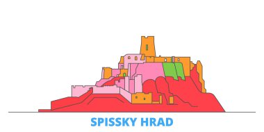 Slovakya, Spissky Hrad hattı şehir merkezi, düz vektör. Seyahat şehri simgesi, oultine illüstrasyonu, çizgi dünyası simgeleri