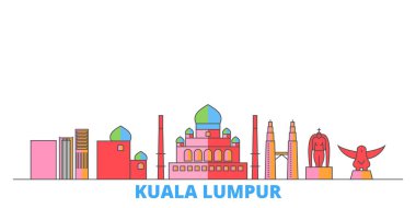 Malezya, Kuala Lumpur hattı şehir merkezi, düz vektör. Seyahat şehri simgesi, oultine illüstrasyonu, çizgi dünyası simgeleri