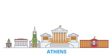 Yunanistan, Atina hattı şehir manzarası, düz vektör. Seyahat şehri simgesi, oultine illüstrasyonu, çizgi dünyası simgeleri