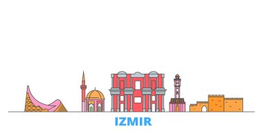 Türkiye, İzmir hattı şehir manzarası, düz vektör. Seyahat şehri simgesi, oultine illüstrasyonu, çizgi dünyası simgeleri