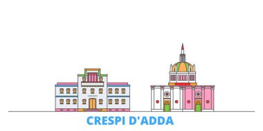 İtalya, Crespi Dadda Hattı şehir merkezi, düz vektör. Seyahat şehri simgesi, oultine illüstrasyonu, çizgi dünyası simgeleri