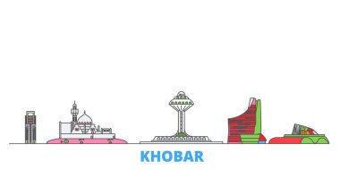 Suudi Arabistan, Khobar hattı şehir merkezi, düz vektör. Seyahat şehri simgesi, oultine illüstrasyonu, çizgi dünyası simgeleri