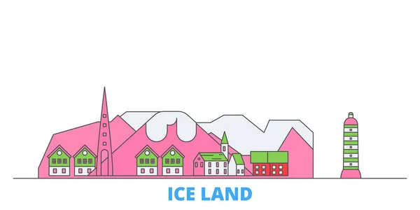 Islandia paisaje urbano línea, vector plano. Monumento de la ciudad de viajes, ilustración de oultine, iconos del mundo de línea — Vector de stock