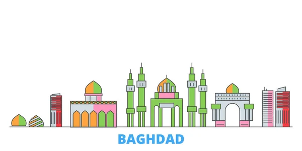 Irak, paisaje urbano de Bagdad, vector plano. Monumento de la ciudad de viajes, ilustración de oultine, iconos del mundo de línea — Vector de stock