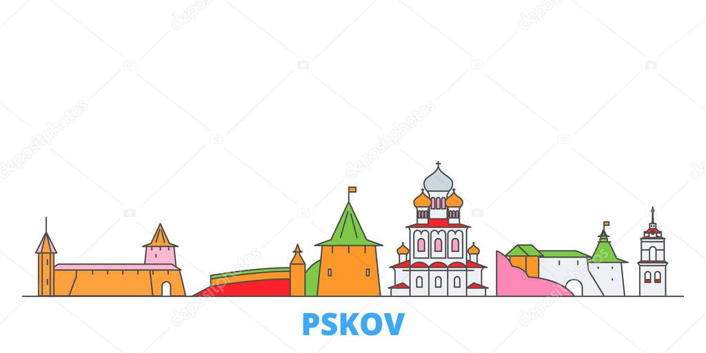 Russia, Pskov line cityscape, flat vector. Travel city landmark, oultine illustration, line world icons