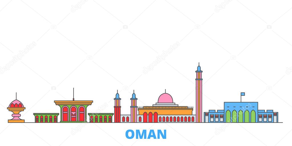 Oman, Muscat line cityscape, flat vector. Travel city landmark, oultine illustration, line world icons