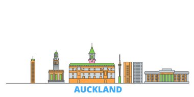 Yeni Zelanda, Auckland hattı şehir merkezi, düz vektör. Seyahat şehri simgesi, oultine illüstrasyonu, çizgi dünyası simgeleri