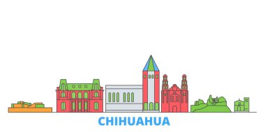 Meksika, Chihuahua hattı şehir manzarası, düz vektör. Seyahat şehri simgesi, oultine illüstrasyonu, çizgi dünyası simgeleri
