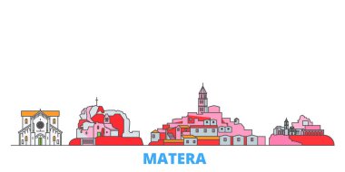 İtalya, Matera hattı şehir manzarası, düz vektör. Seyahat şehri simgesi, oultine illüstrasyonu, çizgi dünyası simgeleri