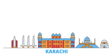 Pakistan, Karachi hattı şehir merkezi, düz vektör. Seyahat şehri simgesi, oultine illüstrasyonu, çizgi dünyası simgeleri