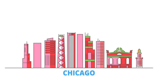 Amerikai Egyesült Államok, Chicago City vonal városkép, lapos vektor. Utazási város mérföldkő, oultine illusztráció, vonal világ ikonok — Stock Vector