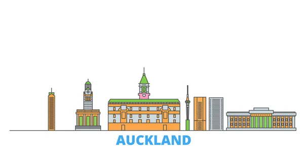Nueva Zelanda, paisaje urbano de Auckland, vector plano. Monumento de la ciudad de viajes, ilustración de oultine, iconos del mundo de línea — Vector de stock