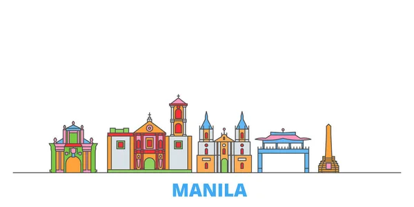 Filipinler, Manila hattı şehir merkezi, düz vektör. Seyahat şehri simgesi, oultine illüstrasyonu, çizgi dünyası simgeleri — Stok Vektör