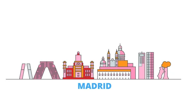 España, Madrid Paisaje urbano, vector plano. Monumento de la ciudad de viajes, ilustración de oultine, iconos del mundo de línea — Vector de stock
